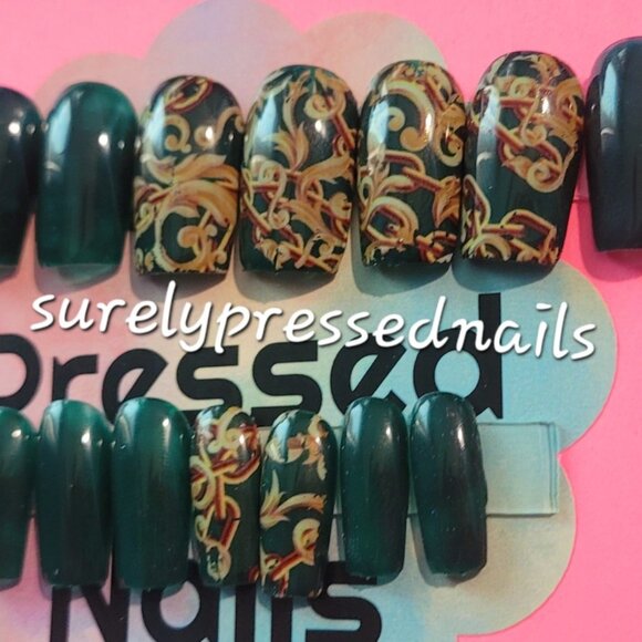 Green and Yellow Abstract Design Short Square Press on Nails - Picture 2 of 3